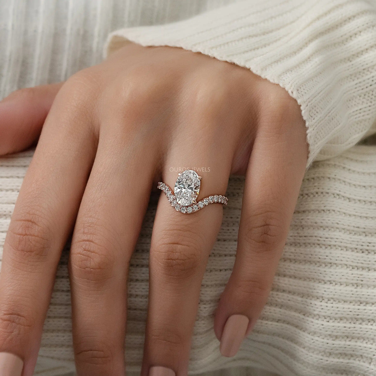 Oval Diamond Pave Set Curved Engagement Ring Ring