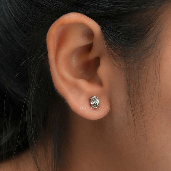 Olive Color Oval Solitaire Diamond Studs