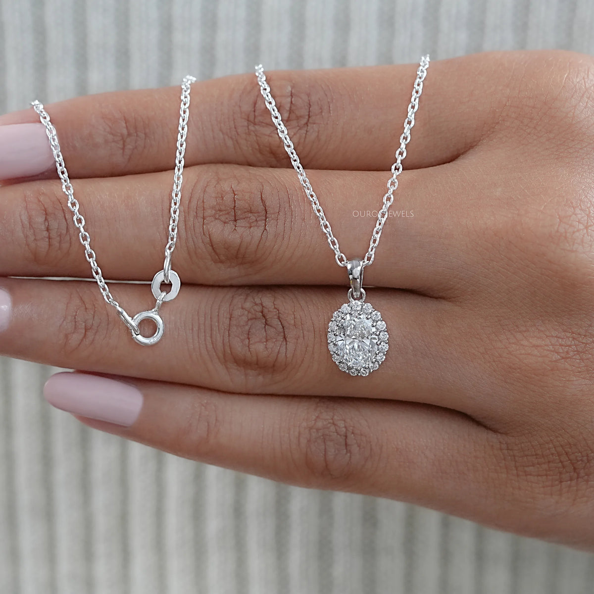 Oval and Round Lab Grown Diamond Halo Pendant Necklaces