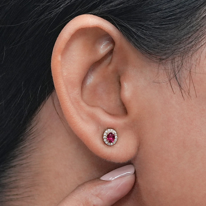 Ruby Oval Gemstone Halo Set Stud Earring