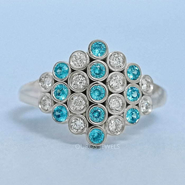 Round Cut Paraiba Lab Gemstone Bezel Set Wedding Ring
