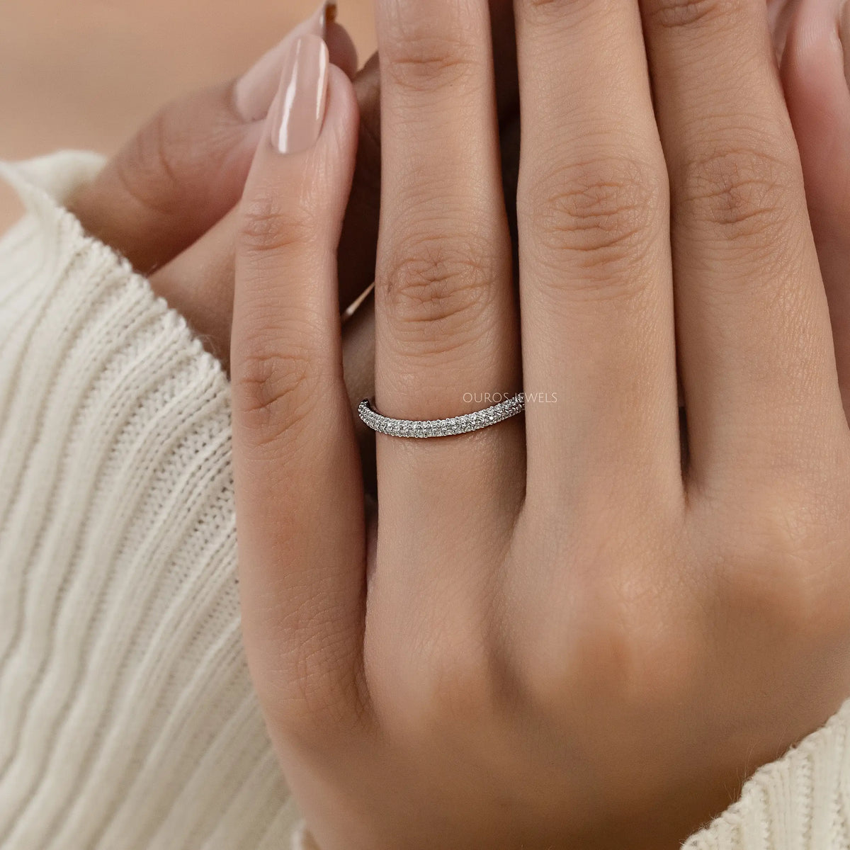 Pave Set Round Lab Diamond Curved Band Ring