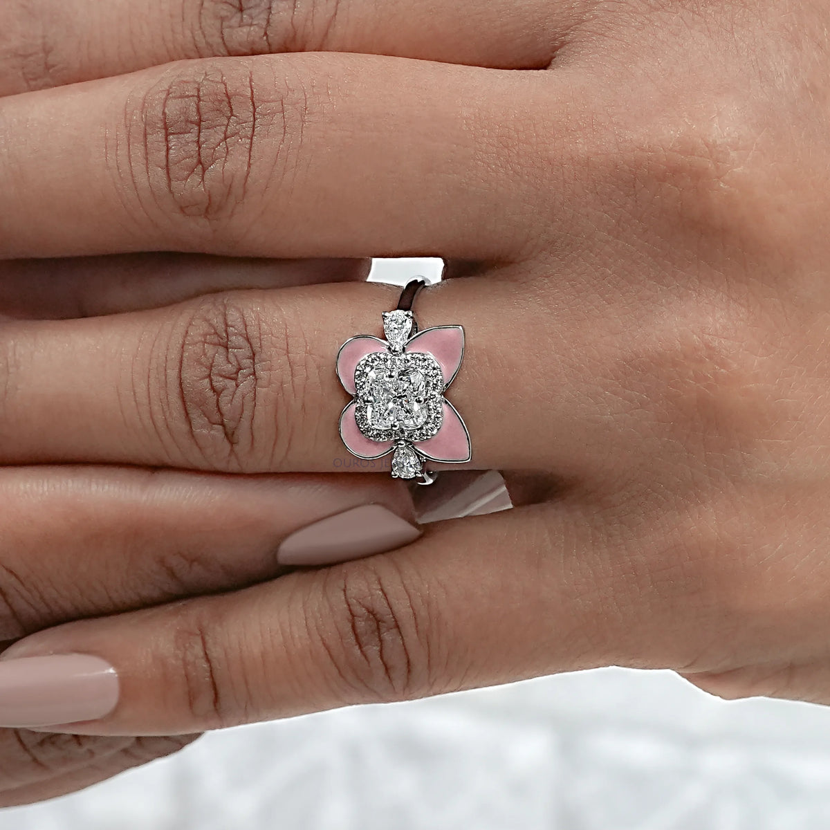 Floral Diamond With Pink Enamel Ring Ring
