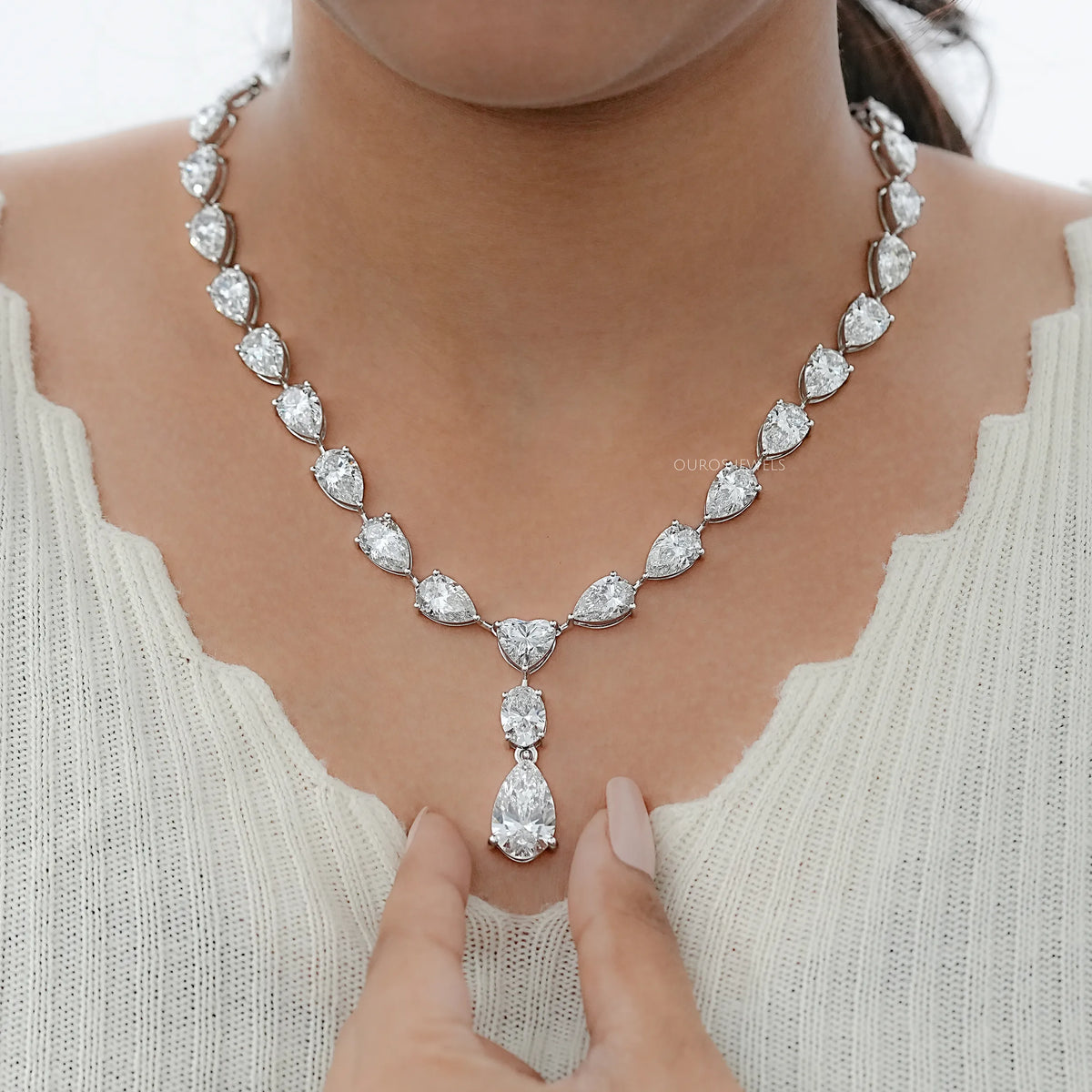 Pear And Heart Lab Diamond Lariat Drop Necklace