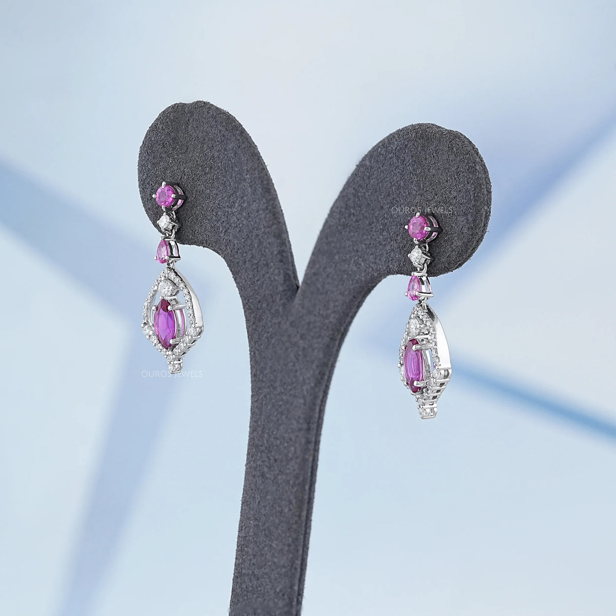 Pink Sapphire Marquise Cut Cluster Diamond Dangle Earrings Earrings