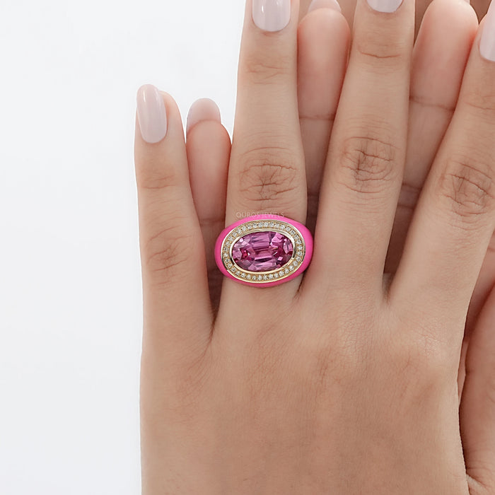 Blue Topaz East West Oval With Enamel Cocktail Ring