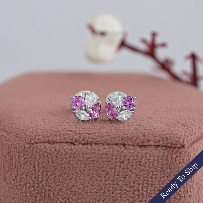 Pink Pear And Round Diamond Cluster Earrings