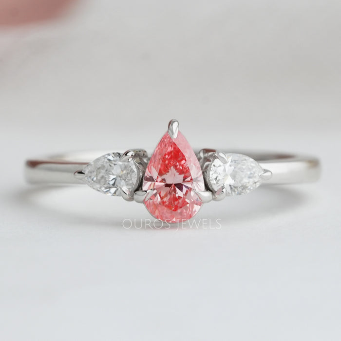 Fancy Pink Pear Lab Grown Diamond 3 Stone Ring