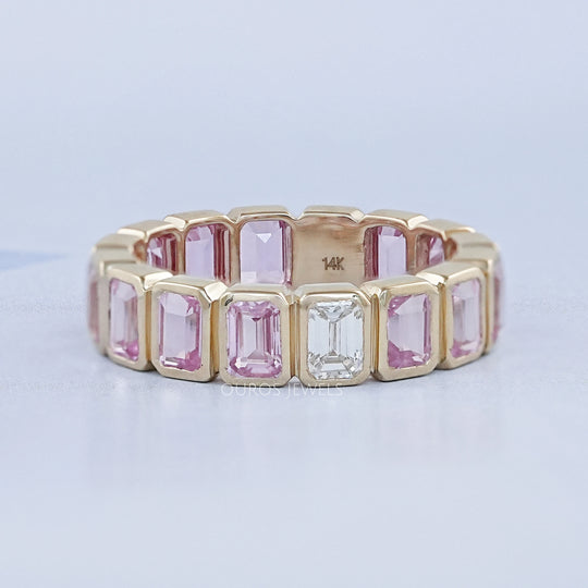 Sapphire Pink Emerald Cut Bezel Set Eternity Wedding Band