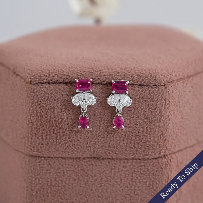 Pink Emerald Gemstone And Pear Diamond Drop Earrings