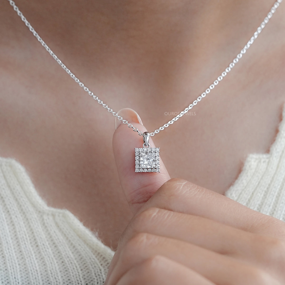 Princess Cut Lab Diamond Halo Pendant Necklaces