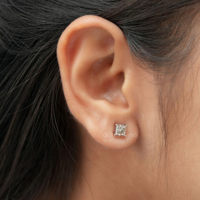 Princess Cut Olive Solitaire Diamond Earrings