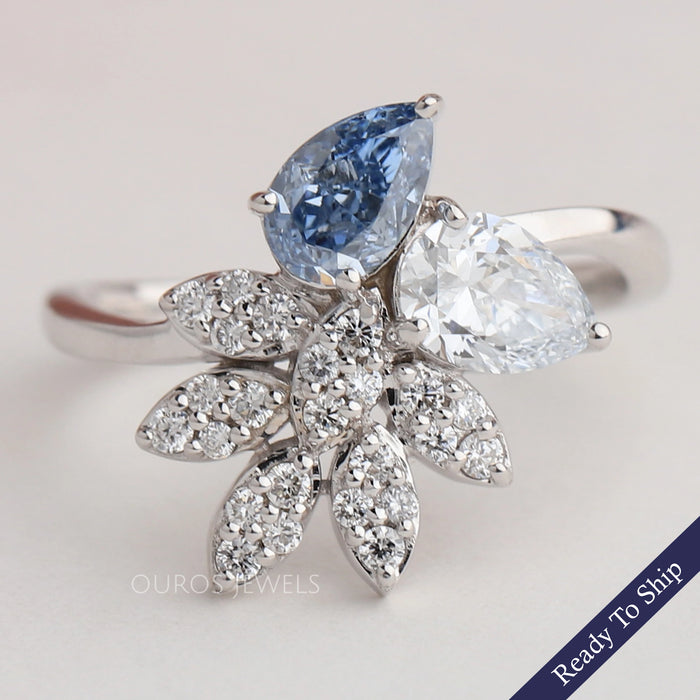 Flower Shape Blue Pear And Round Cut Cluster Diamond Ring