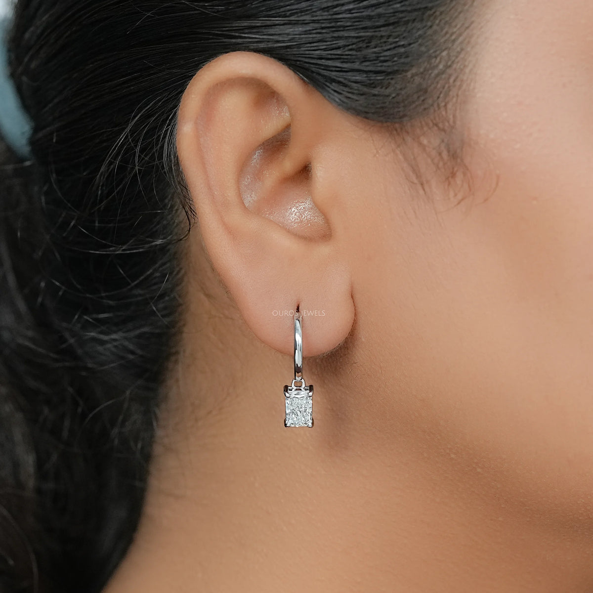 Radiant Cut Lab Diamond Dangle Hoop Earrings Earrings