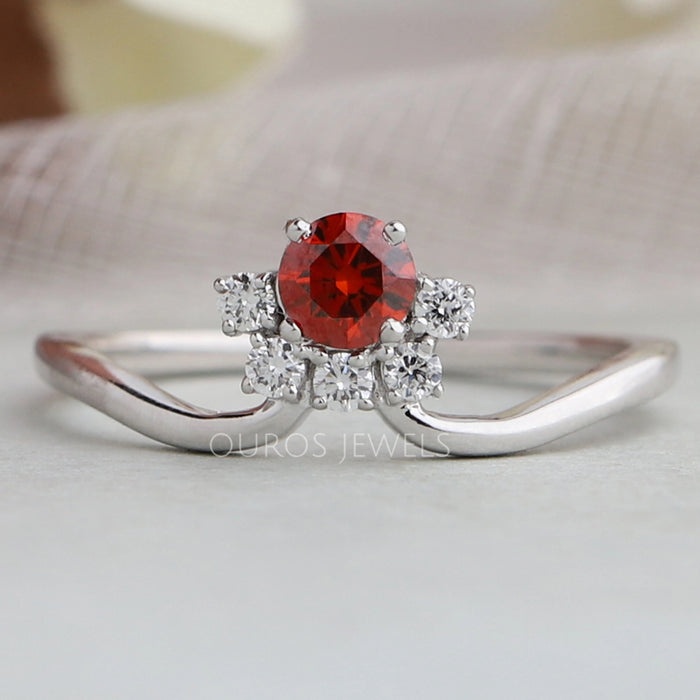 Red Round Lab Made Solitaire Diamond Accented Ring