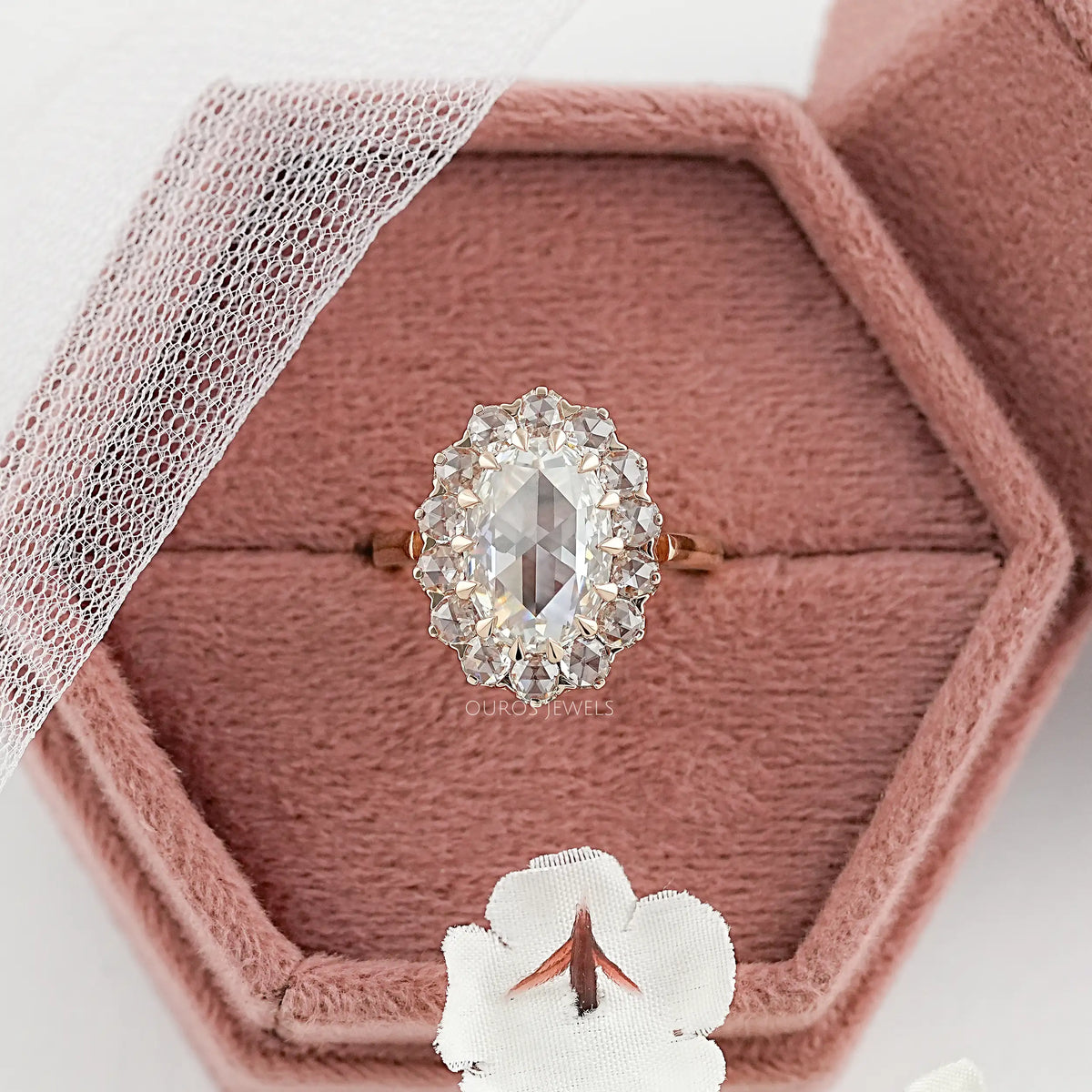 Rose Cut Oval Diamond Halo Engagement Ring