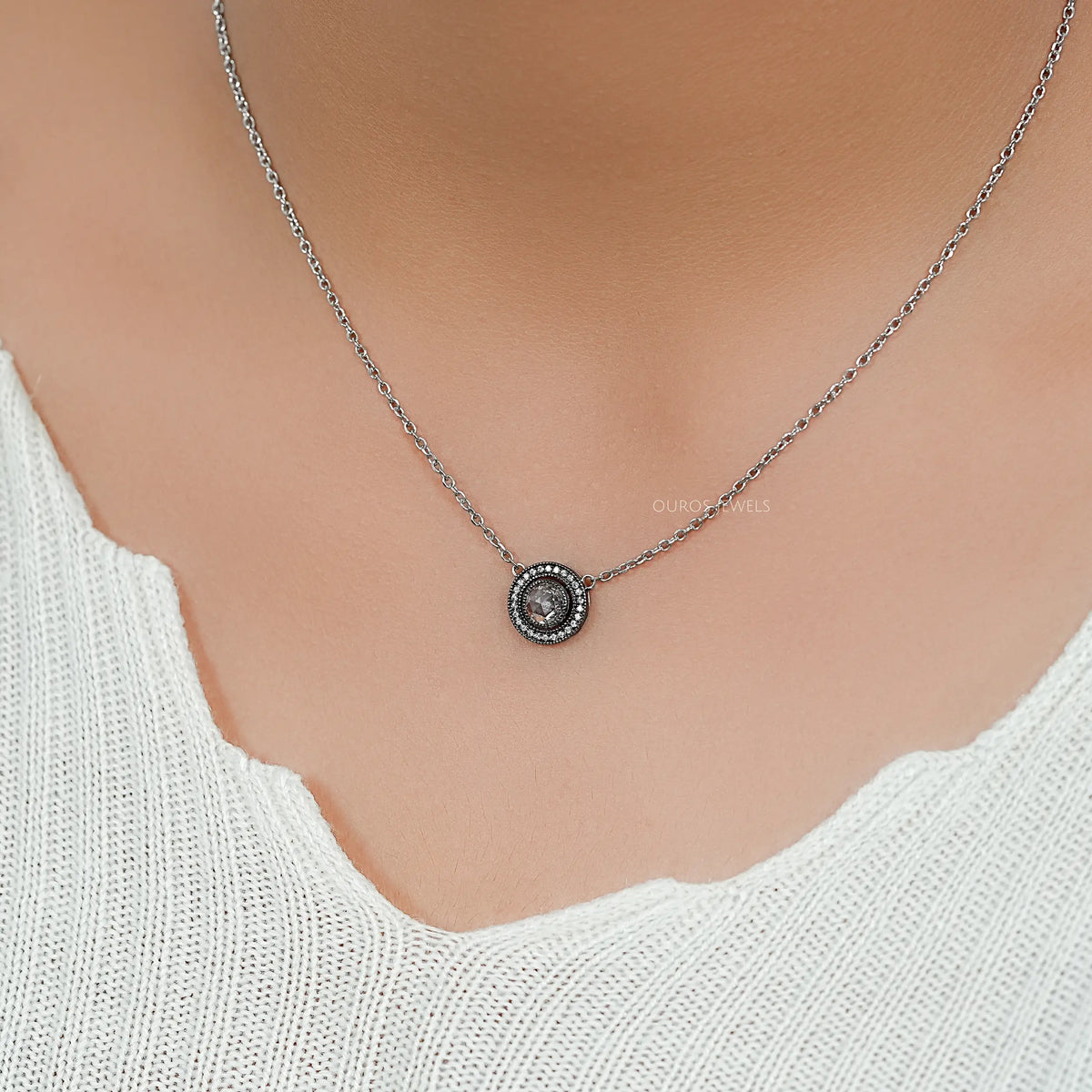 Rose Cut Round Diamond Halo Necklace Necklaces
