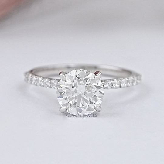 front view of round lab grown diamond white gold solitaire engagement ring