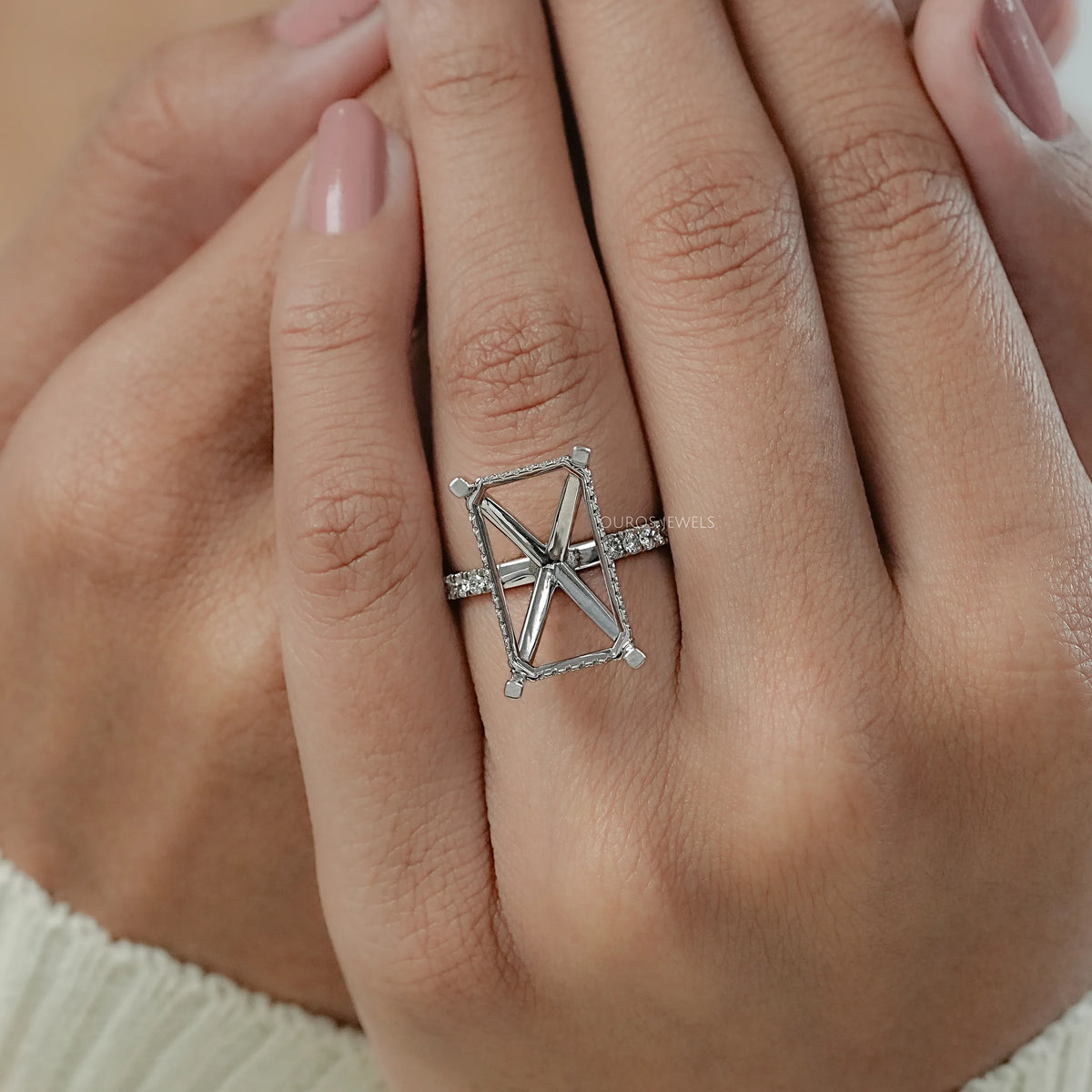 Emerald Shape Hidden Halo Semi Mount Ring Ring