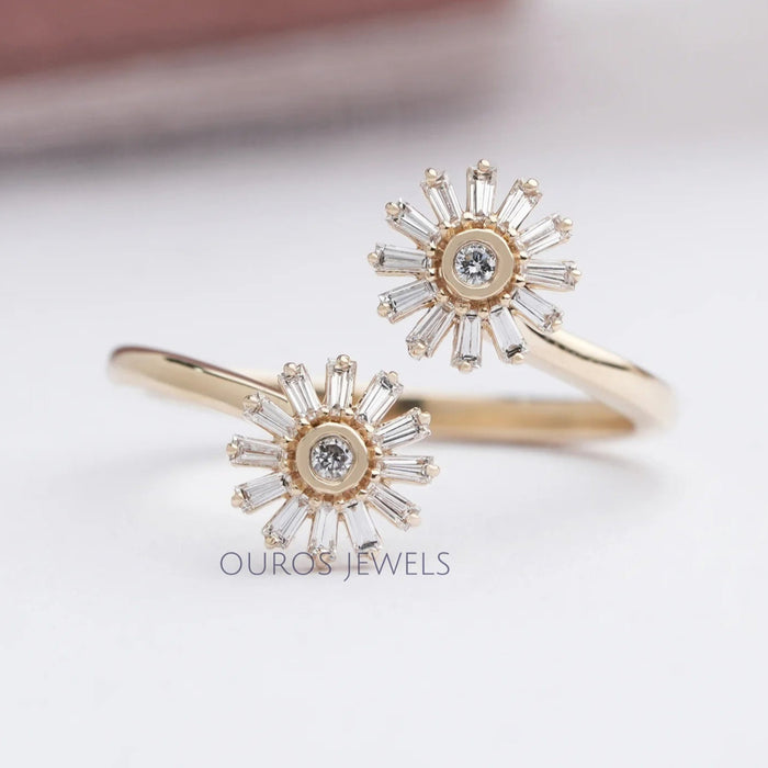 Two Flower Shape Tapered Baguette Cut Lab Diamond Bypass Ring