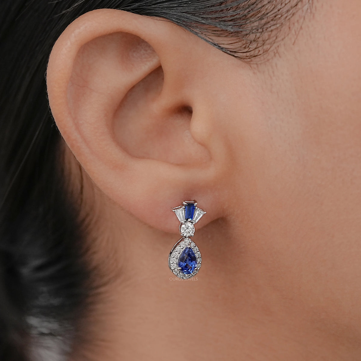 Pear Blue Gemstone And Tapered Baguette Halo Drop Earrings Earrings