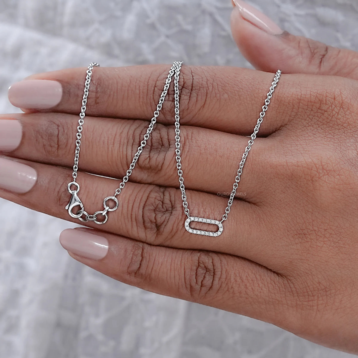 Open Rectangle Round Lab Diamond Link Pendant Necklaces