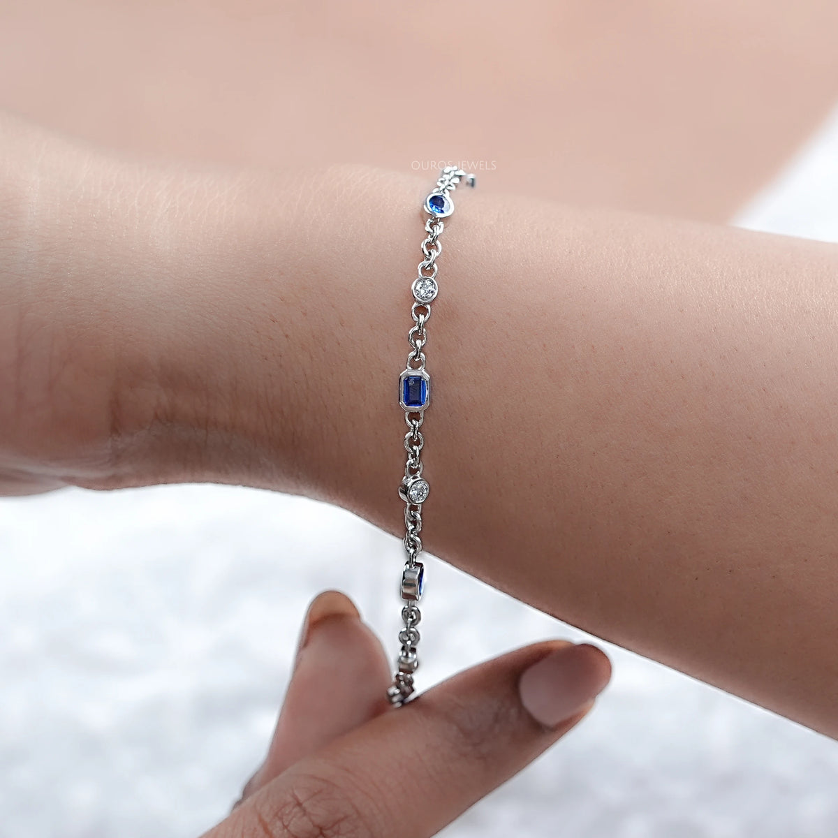 Sapphire Emerald Cut Gemstone Chain Bracelet