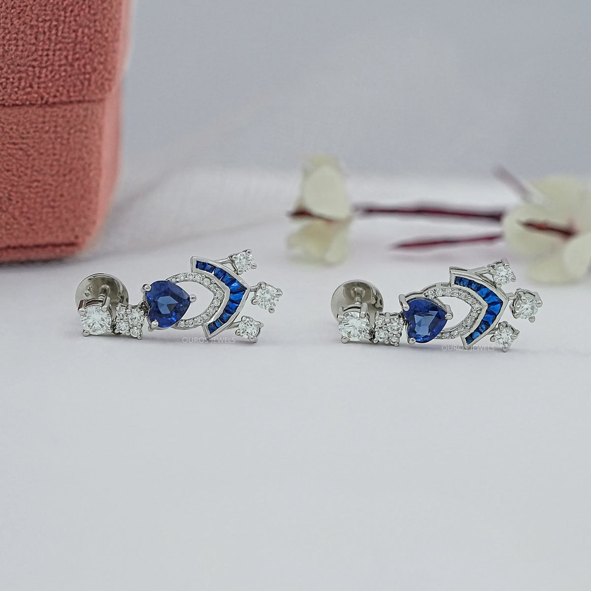 Sapphire Heart And Round Cut Cluster Drop Dangle Earrings Earrings