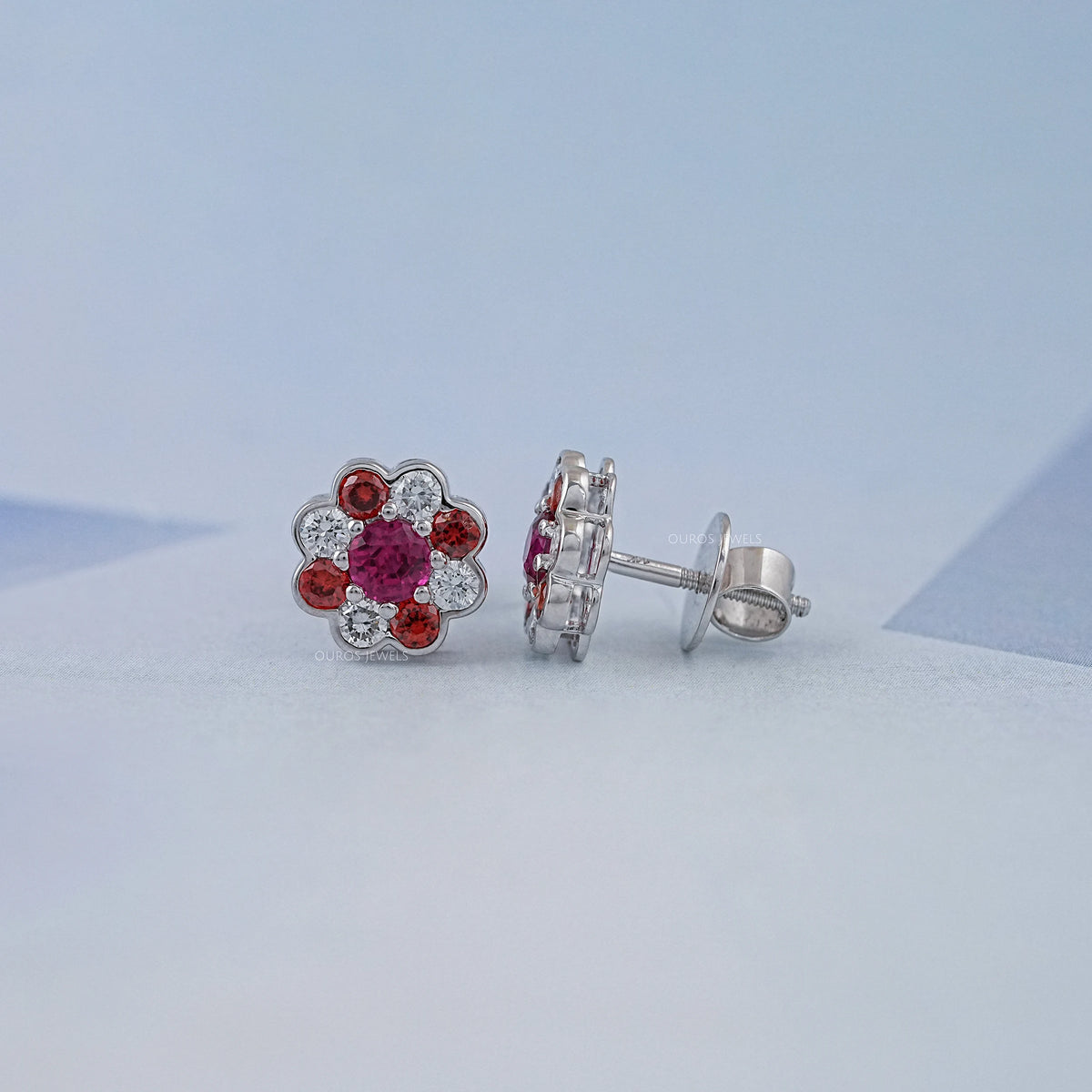 Ruby Round And Lab Diamond Bezel Set Floral Stud Earrings