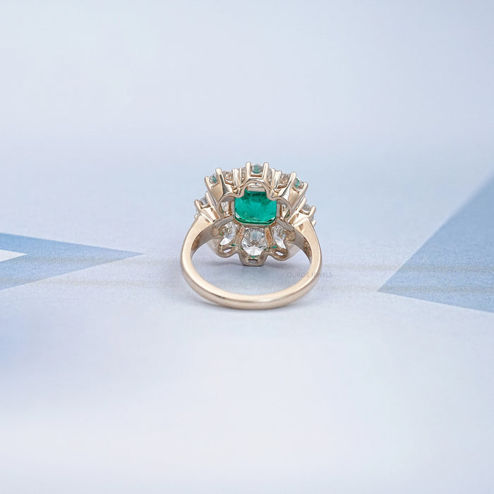 Emerald Square Cushion Round Halo Floral Engagement Ring