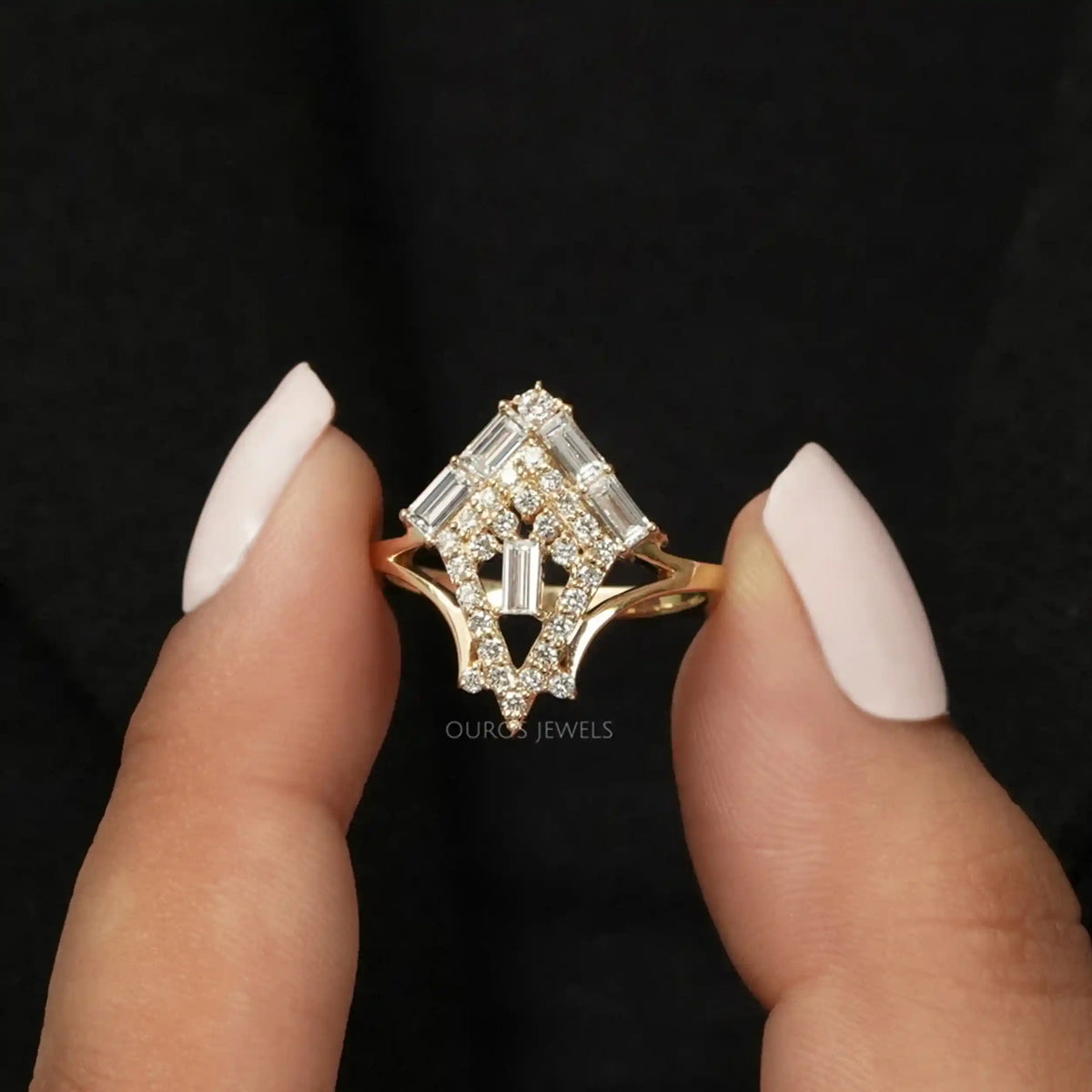 Baguette And Round Cut Lab Diamond Chevron Ring