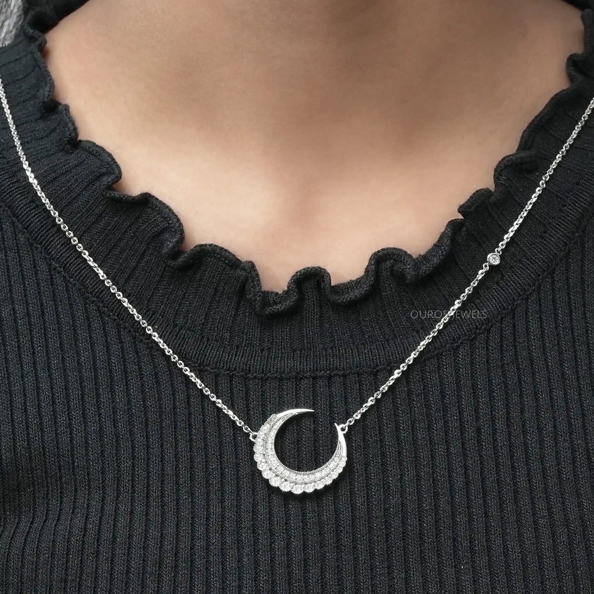 Round Cut Lab Diamond Crescent Moon Pendant Necklaces