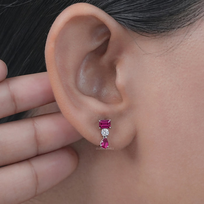 Ruby Emerald And Pear Gemstone Drop Earrings
