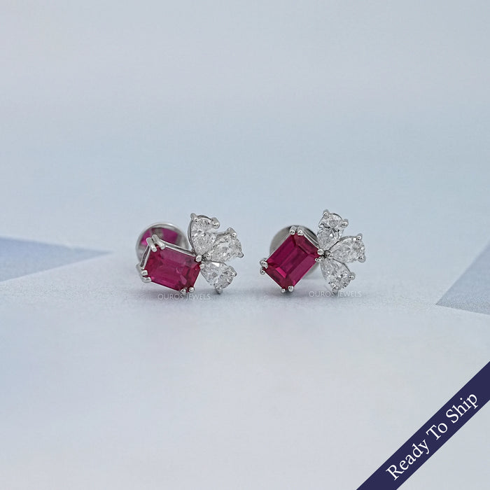 Ruby Emerald Gemstone And Pear Diamond Earrings