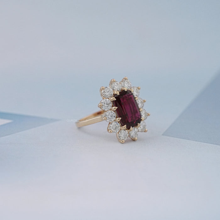 Ruby Elongated Cushion Gemstone Halo Diamond Ring