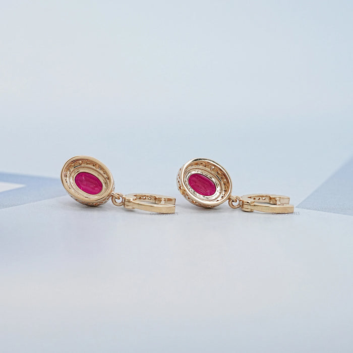 Ruby Oval Cut Halo Drop Dangle Earrings