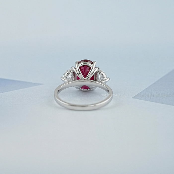 3 Stone Oval Ruby And Half Moon Diamond Ring
