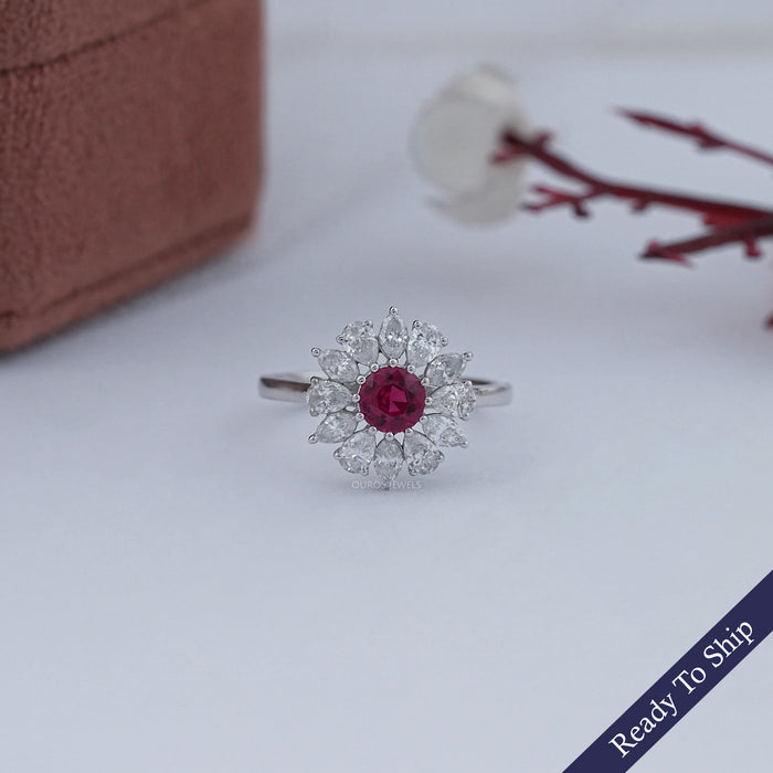 Ruby Round And Lab Diamond Floral Halo Engagement Ring