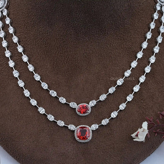 Double Layer Ruby Cushion And Oval Halo Tennis Necklace