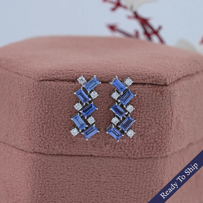 Sapphire Baguette And Round Diamond Drop Earrings