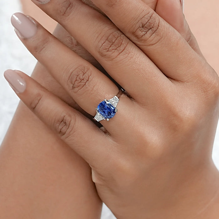 Sapphire Cushion Gemstone With Trapezoid Diamond  Ring