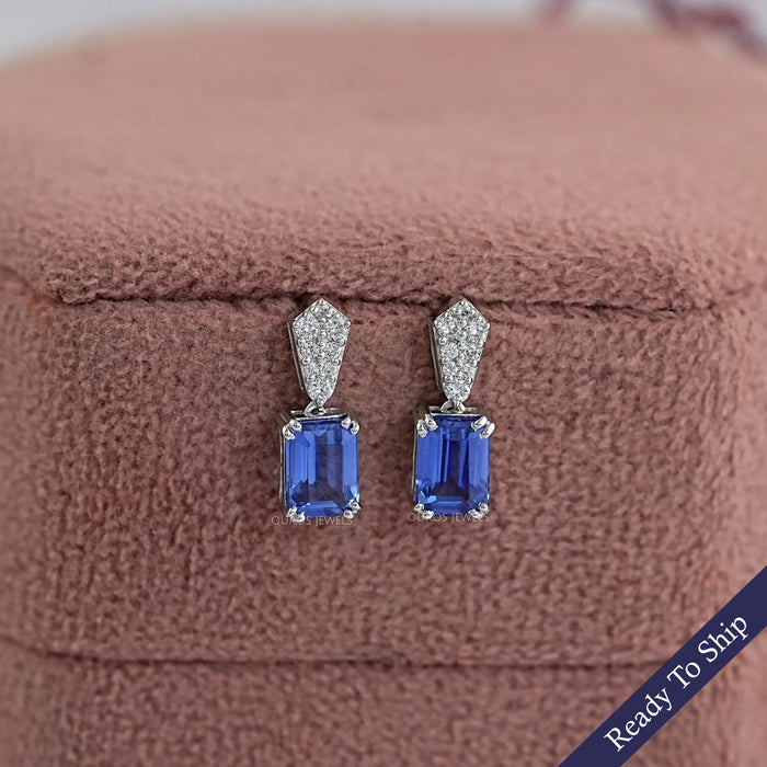 Sapphire Emerald Gemstone Round Diamond Drop Earrings