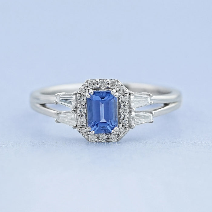 Sapphire Emerald Gemstone Halo Split Shank Ring