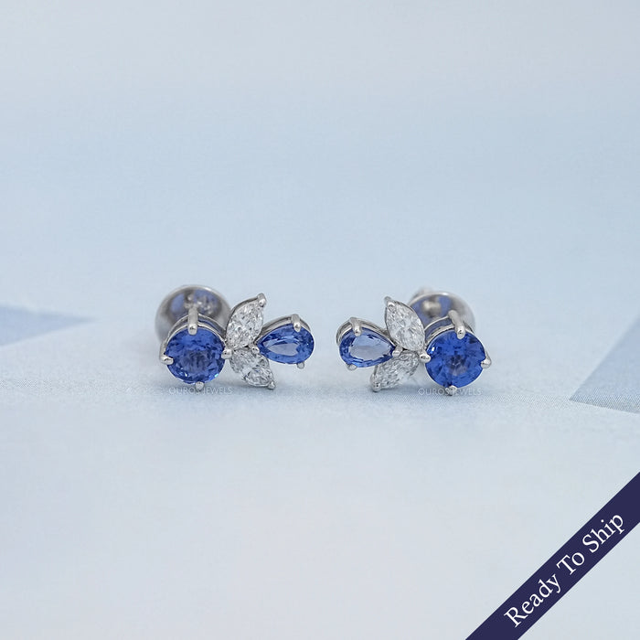 Sapphire Round And Pear Gemstone Stud Earrings