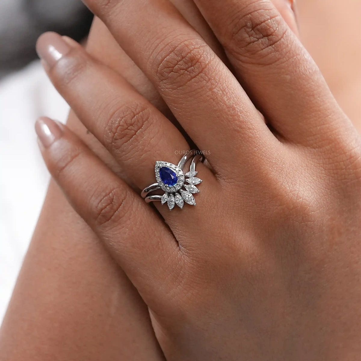 Sapphire Pear Gemstone Curved Wedding Ring