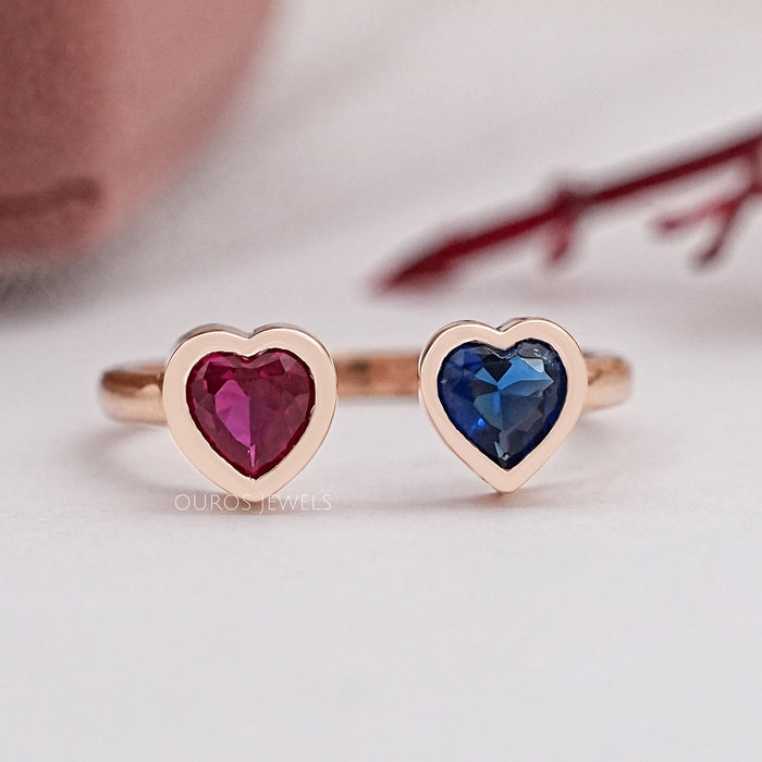 Sapphire And Ruby With Heart Open Cuff Ring