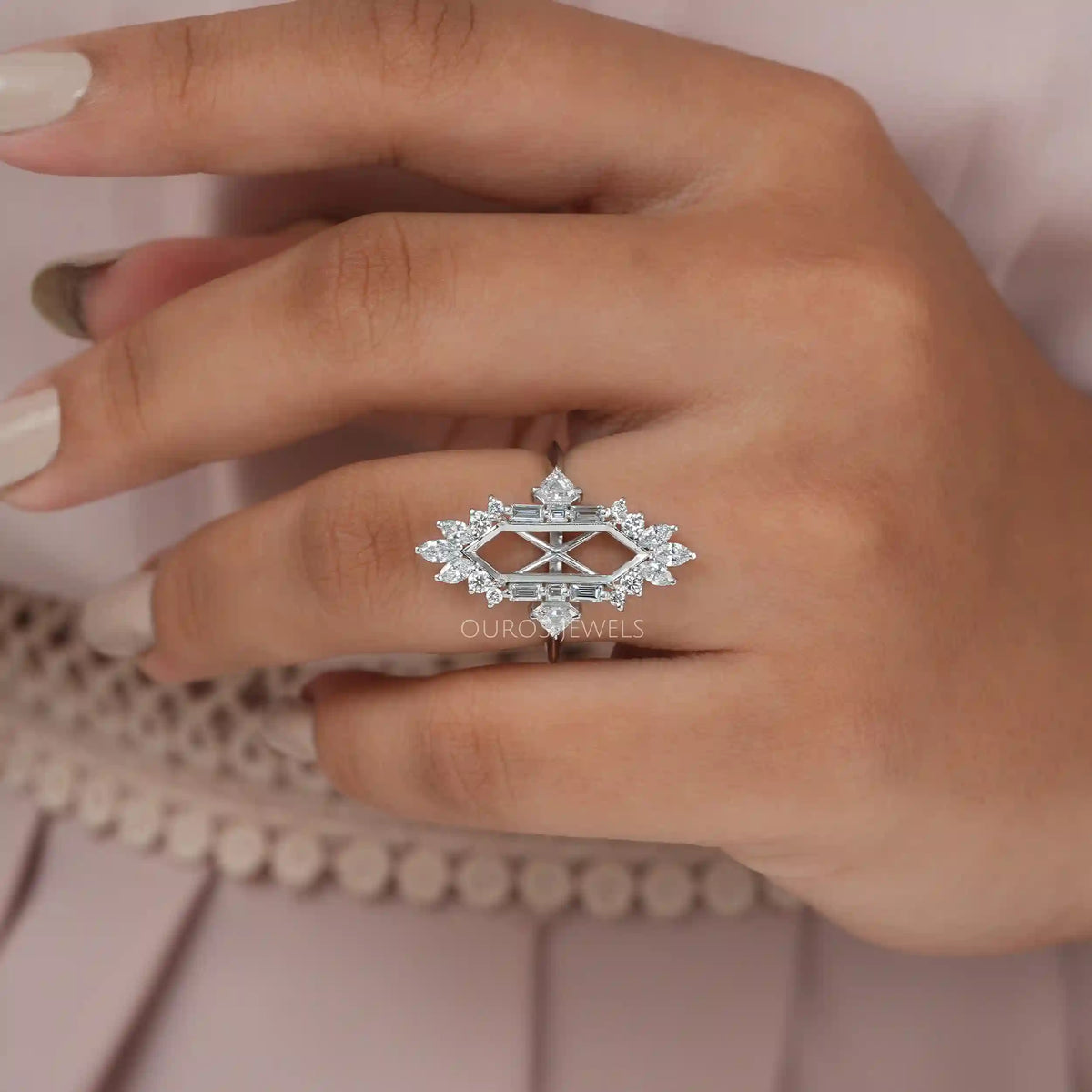 Dutch Marquise Cut Lab Semi Mount Cluster Halo Diamond Ring