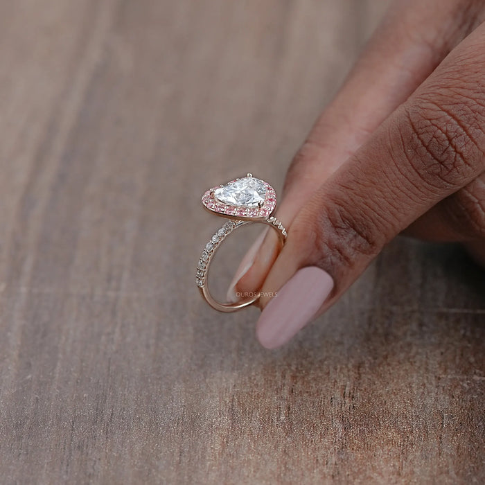 side view of heart-shaped diamond pink halo engagement ring