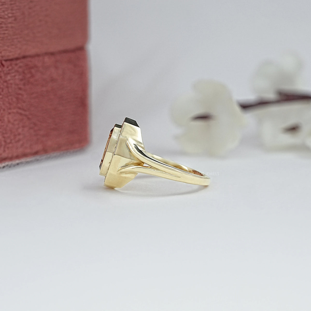 Champagne Step Cut Oval Diamond Halo Open Ring Ring