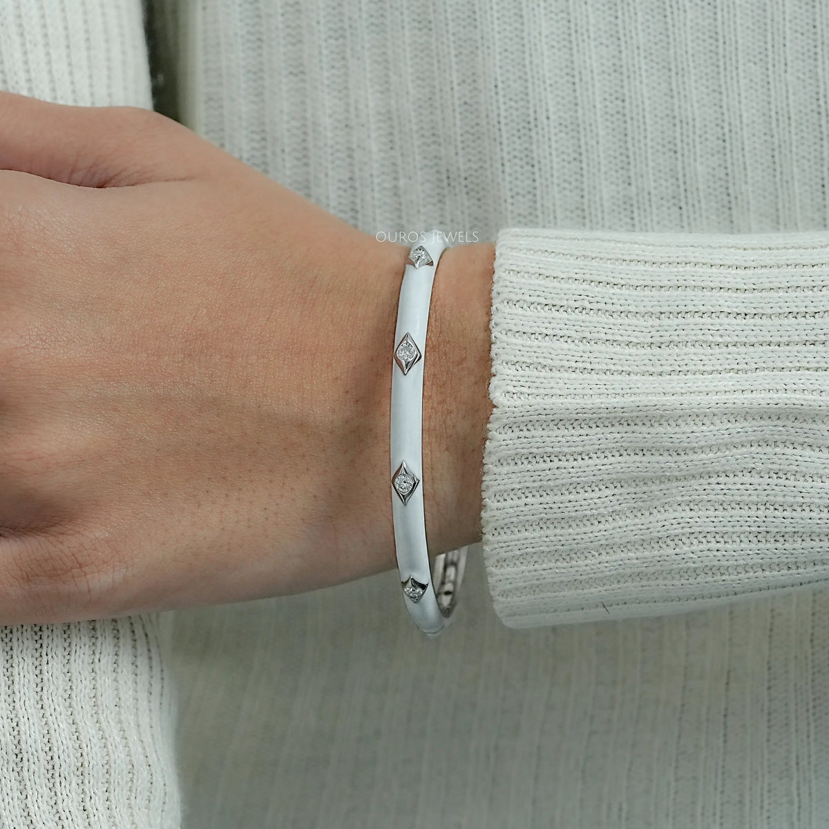 White Enamel Round Lab Diamond Bangle Bracelet